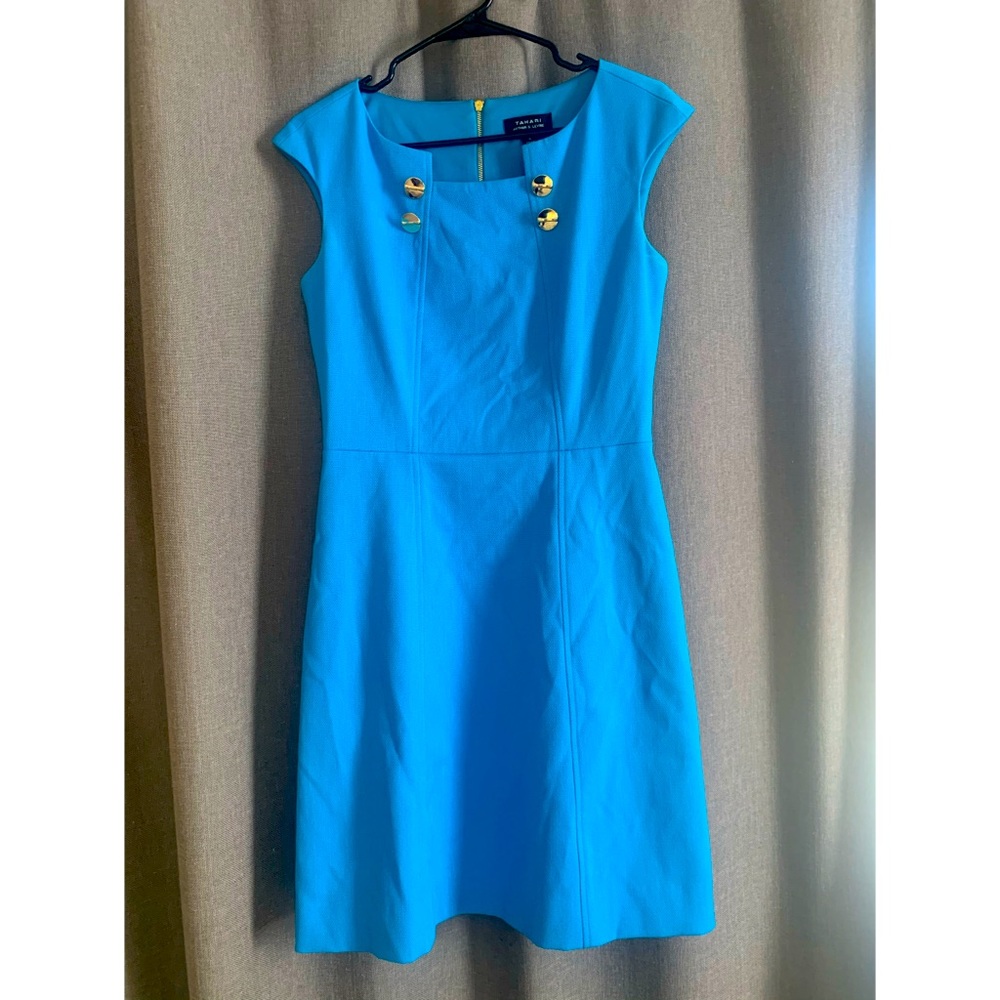 Blue Sheath Dress with Golden Button Detail
